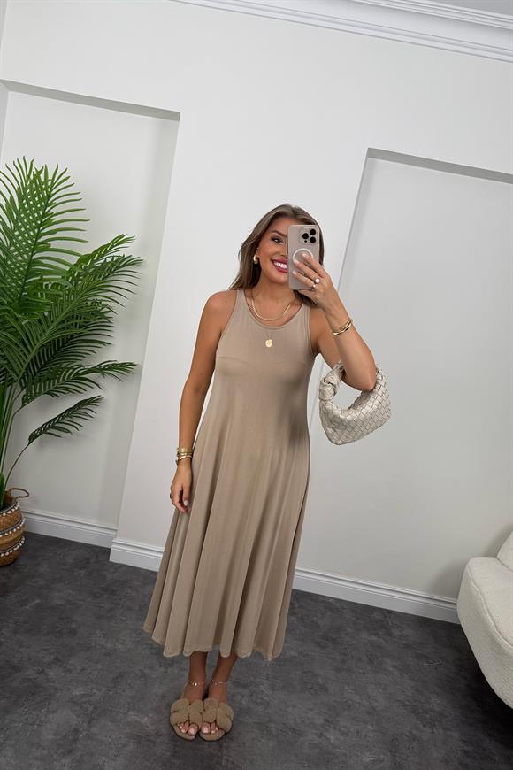 1. Sınıf Kalite İthal Modal Kumaş Midi Elbise Koyu Taş