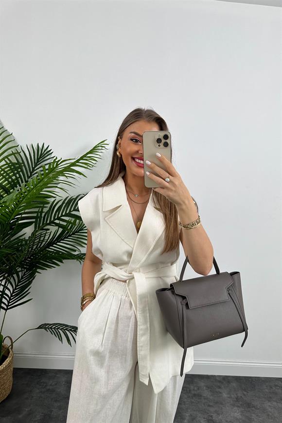 1. Sınıf Kalite Keten Kumaş Yelek Palazzo Pantolon Takım Ekru