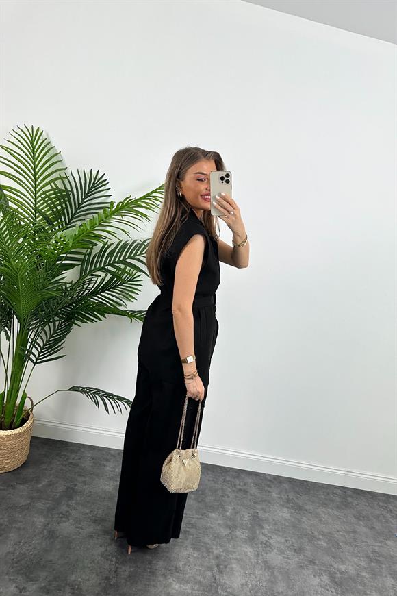 1. Sınıf Kalite Keten Kumaş Yelek Palazzo Pantolon Takım Siyah