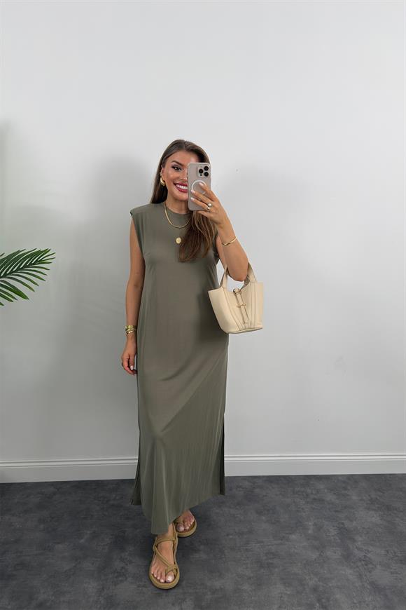 1. Sınıf Kalite Pike Modal Kumaş Vatkalı Yırtmaçlı Maxi Elbise Haki