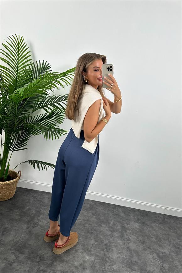 1. Sınıf Kalite Oysh Kumaş Beli Lastikli Harem Pantolon İndigo Mavi 