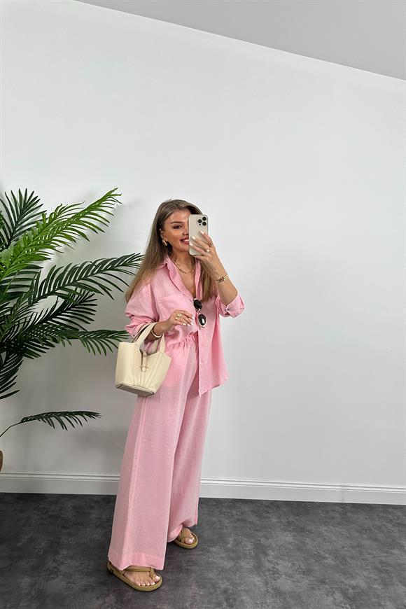 1. Sınıf Kalite Oysh Model %100 Keten Palazzo Gömlek Takım Pembe