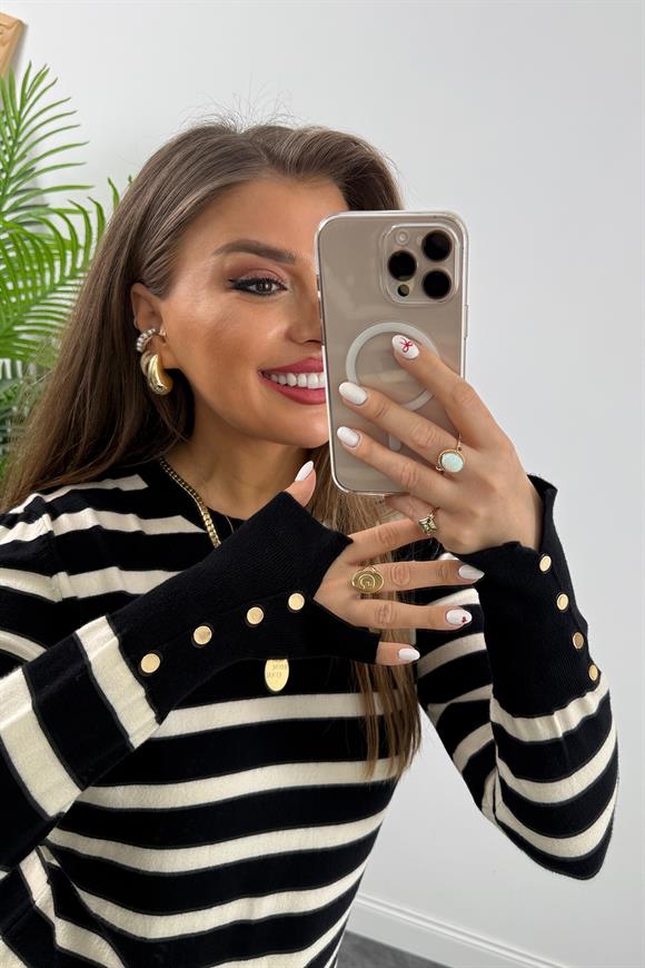 1. Sınıf Kalite Kaşmir Dokulu Kolu Gold Düğmeli İnce Marin Triko Siyah