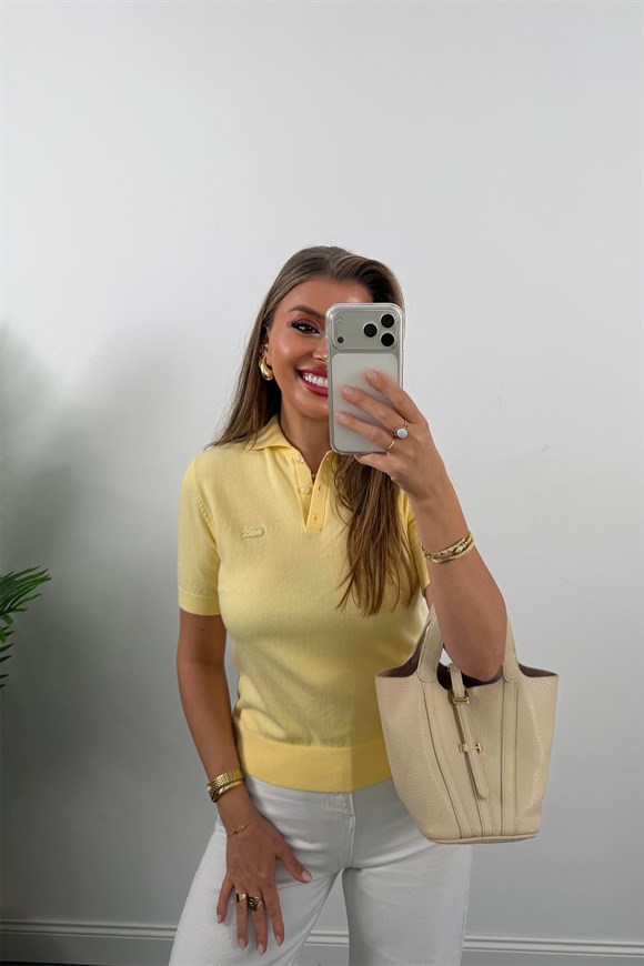 1. Sınıf Kalite Kaşmir Dokulu Polo Yaka Triko Pastel Sarı