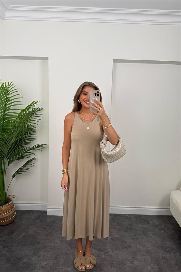 1. Sınıf Kalite İthal Modal Kumaş Midi Elbise Koyu Taş