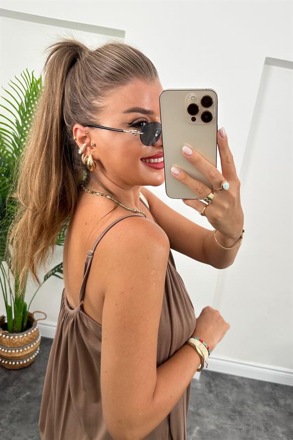 1. Sınıf Kalite İthal Oysh Kumaş Cepli Maxi Elbise Kahverengi