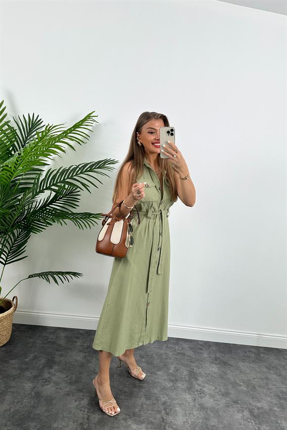 1. Sınıf Kalite Tok Keten Ahşap Düğmeli Midi Boy Elbise Haki