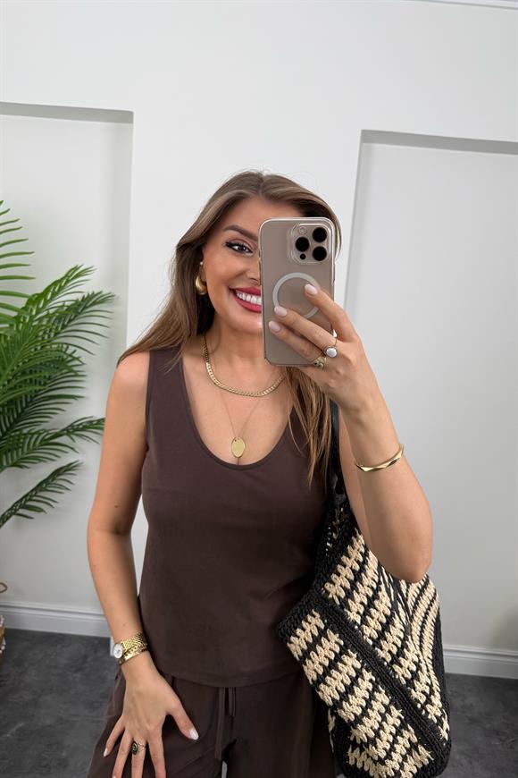 1. Sınıf Kalite Pike Modal Kumaş Atlet Şort Takım Kahverengi