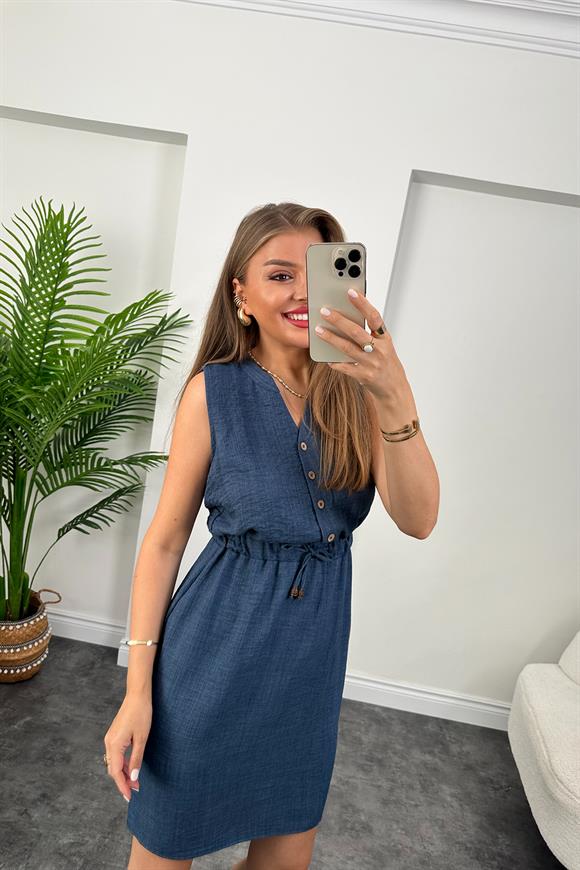 1. Sınıf Kalite Beli Lastikli Sıfır Kol Keten Elbise Yeni Lacivert