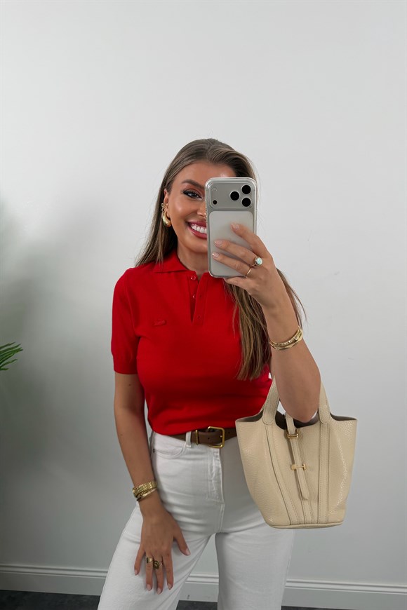 1. Sınıf Kalite Kaşmir Dokulu Polo Yaka Triko Kırmızı