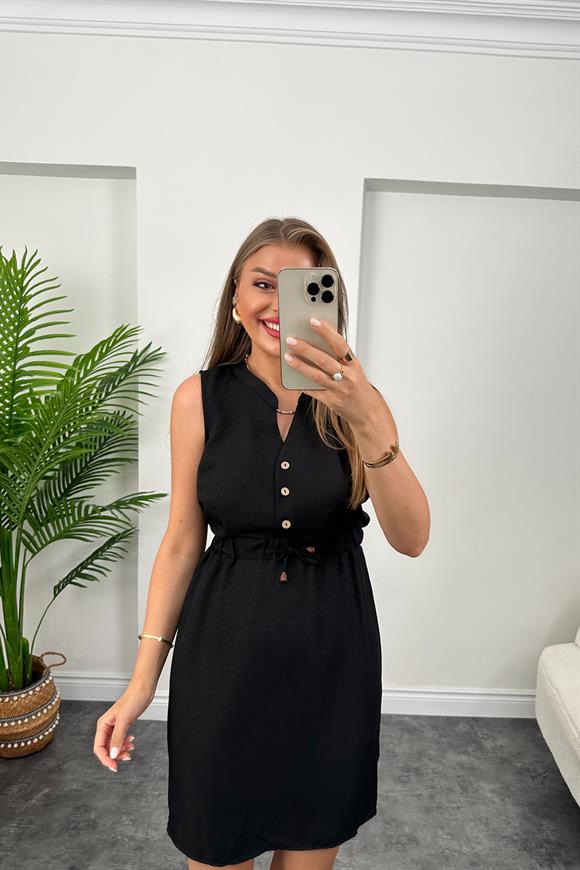 1. Sınıf Kalite Beli Lastikli Sıfır Kol Keten Elbise Siyah