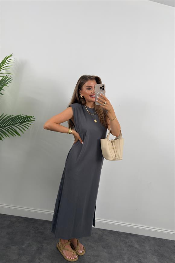 1. Sınıf Kalite Pike Modal Kumaş Vatkalı Yırtmaçlı Maxi Elbise Antrasit