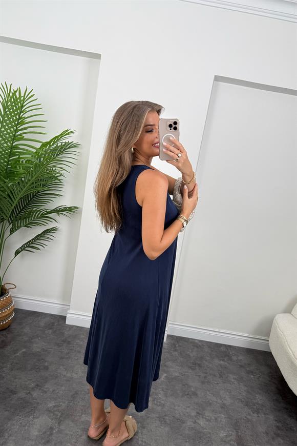 1. Sınıf Kalite İthal Modal Kumaş Midi Elbise Lacivert