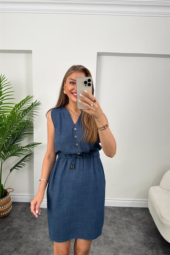 1. Sınıf Kalite Beli Lastikli Sıfır Kol Keten Elbise Yeni Lacivert