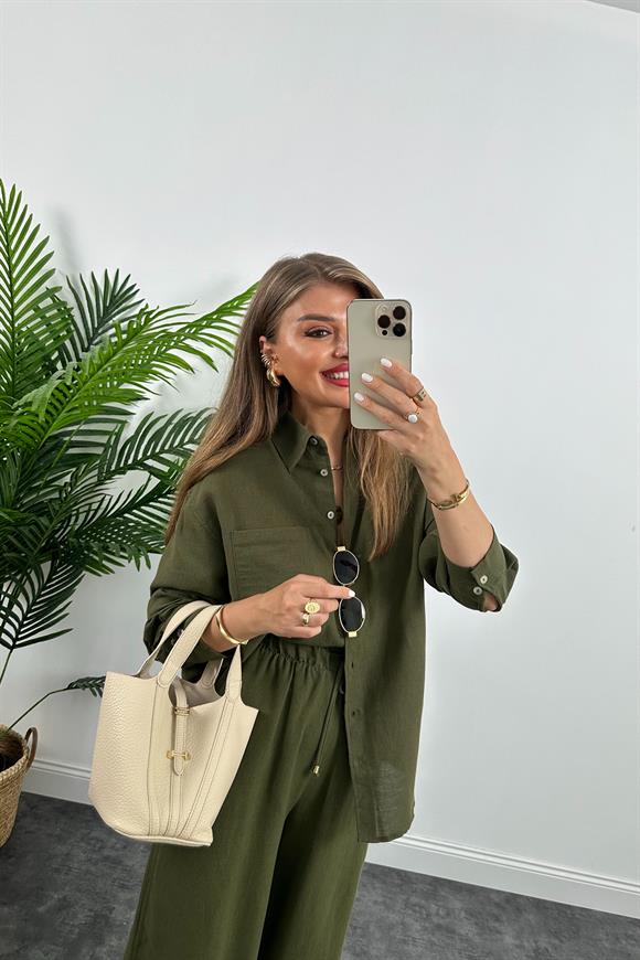 1. Sınıf Kalite Oysh Model %100 Keten Palazzo Gömlek Takım  Haki