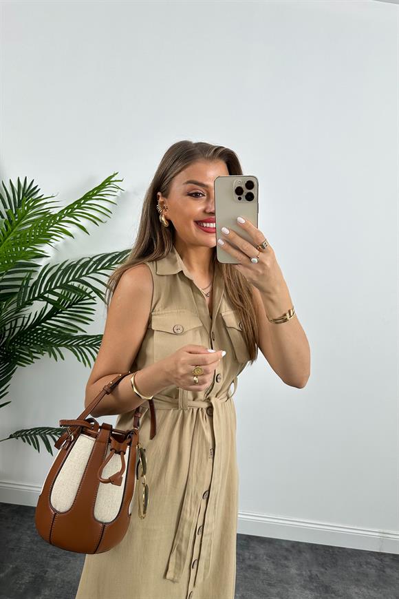 1. Sınıf Kalite Tok Keten Ahşap Düğmeli Midi Boy Elbise Bej