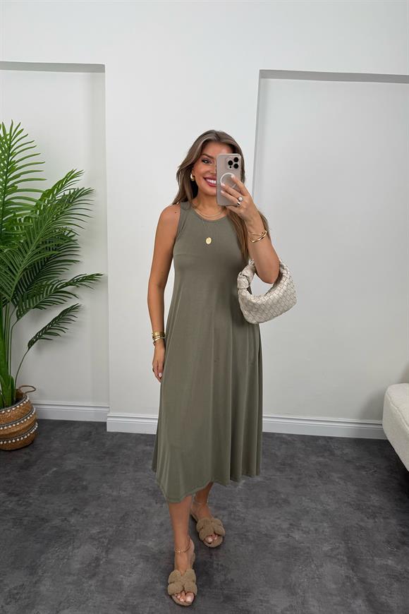 1. Sınıf Kalite İthal Modal Kumaş Midi Elbise Haki