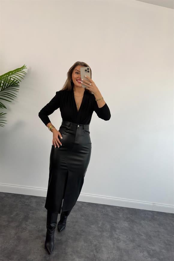 1. Sınıf Kalite Likralı Yumuşak Deri Midi Boy Kalem Etek Siyah 