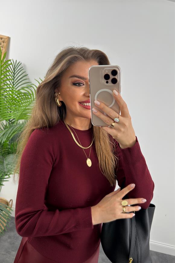 1. Sınıf Kalite Massi Model Kaşmir Dokulu Uzun Kol Basic Triko Bordo