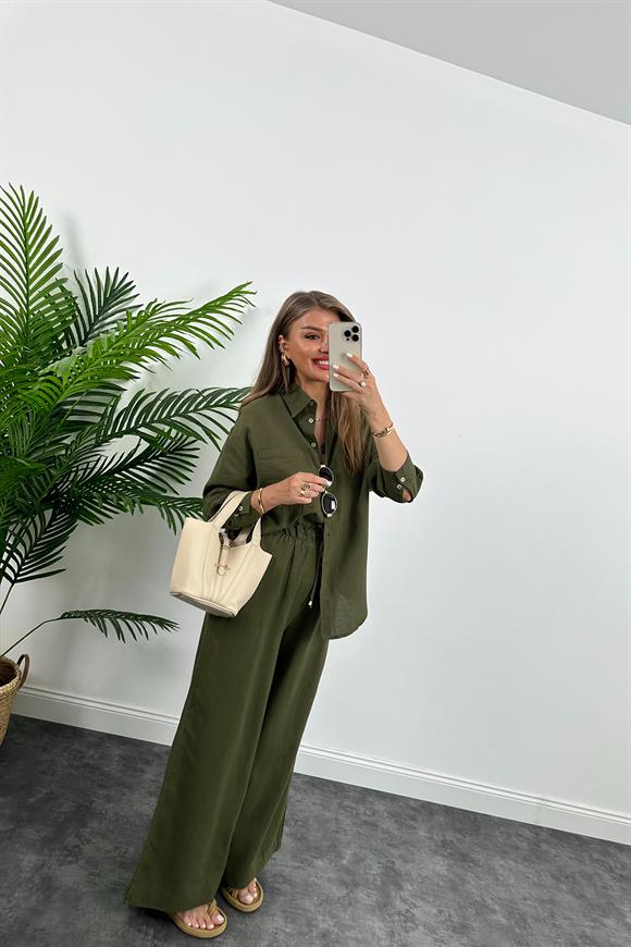 1. Sınıf Kalite Oysh Model %100 Keten Palazzo Gömlek Takım  Haki