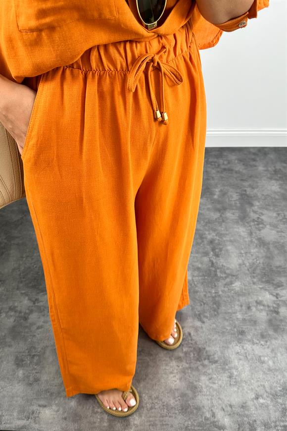 1. Sınıf Kalite Oysh Model %100 Keten Palazzo Gömlek Takım Turuncu