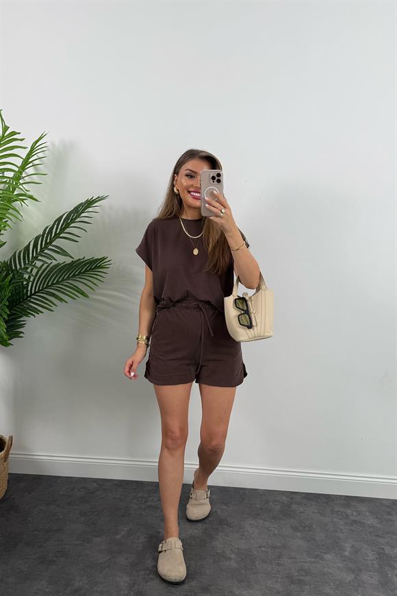 1. Sınıf Kalite İthal Pike Modal Kumaş Kısa Kollu Şort Takım Kahve