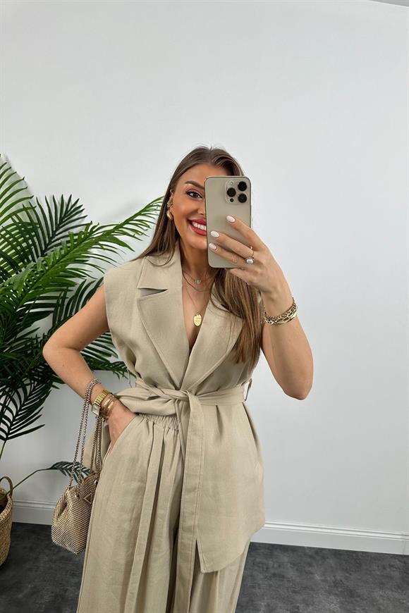 1. Sınıf Kalite Keten Kumaş Yelek Palazzo Pantolon Takım Taş