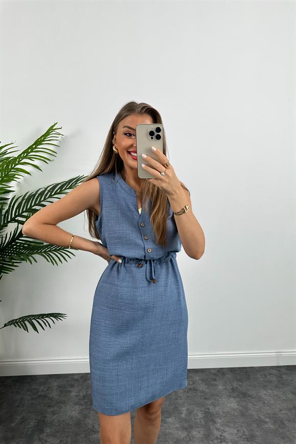 1. Sınıf Kalite Beli Lastikli Sıfır Kol Keten Elbise İndigo
