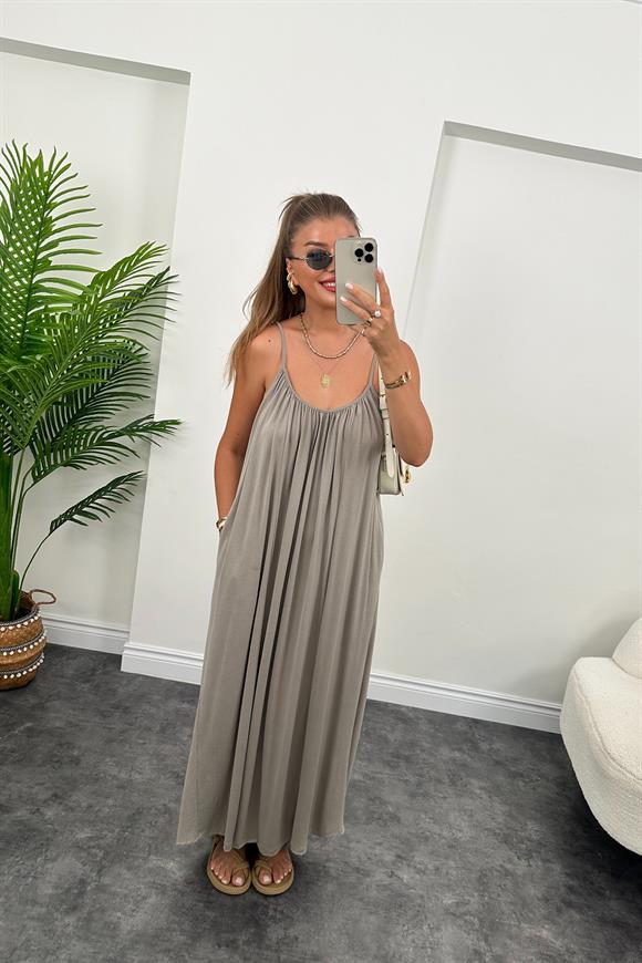 1. Sınıf Kalite İthal Oysh Kumaş Cepli Maxi Elbise Açık Vizon