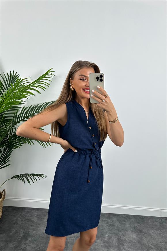 1. Sınıf Kalite Beli Lastikli Sıfır Kol Keten Elbise Lacivert