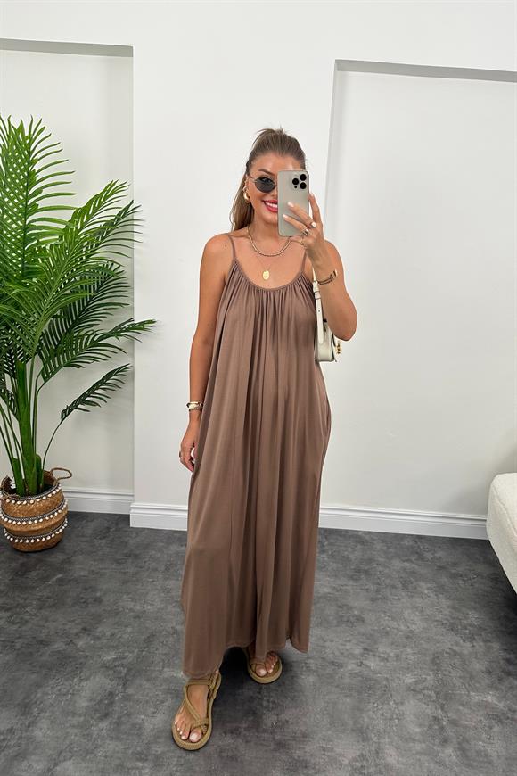 1. Sınıf Kalite İthal Oysh Kumaş Cepli Maxi Elbise Kahverengi