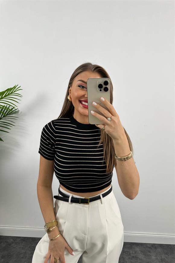 1. Sınıf Kalite  Massi Model Crop Boy Kısa Kol Marin İpek Merserize Siyah