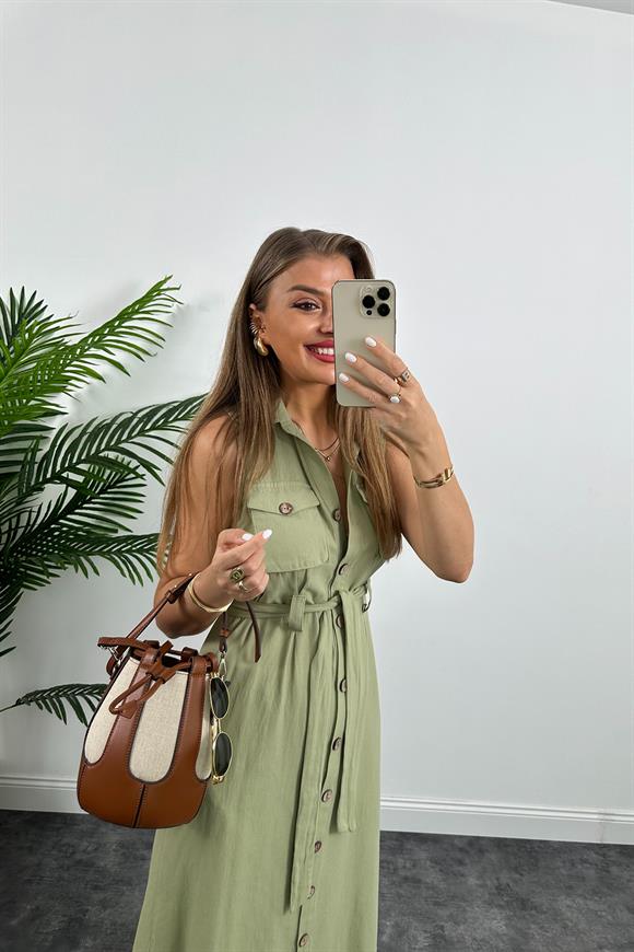 1. Sınıf Kalite Tok Keten Ahşap Düğmeli Midi Boy Elbise Haki