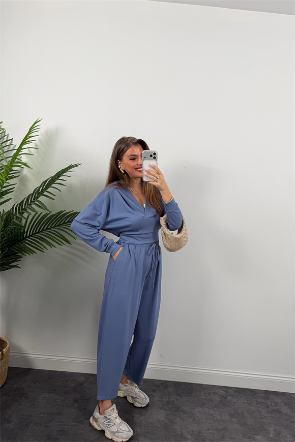 1. Sınıf Kalite İthal Modal Kumaş Kapüşonlu Harem Takım İndigo