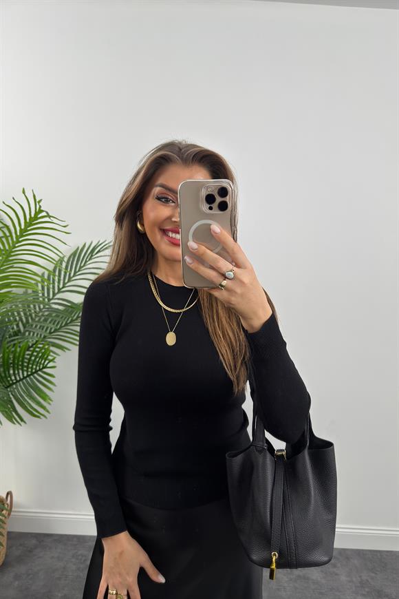 1. Sınıf Kalite Massi Model Kaşmir Dokulu Uzun Kol Basic Triko Siyah