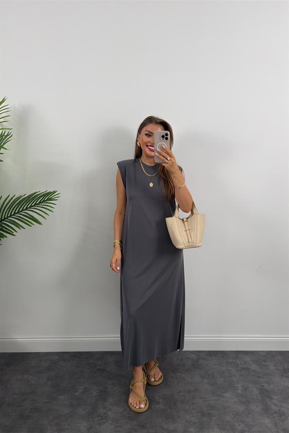 1. Sınıf Kalite Pike Modal Kumaş Vatkalı Yırtmaçlı Maxi Elbise Antrasit