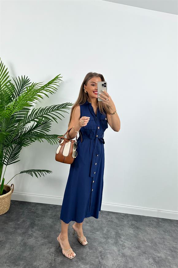 1. Sınıf Kalite Tok Keten Ahşap Düğmeli Midi Boy Elbise Lacivert