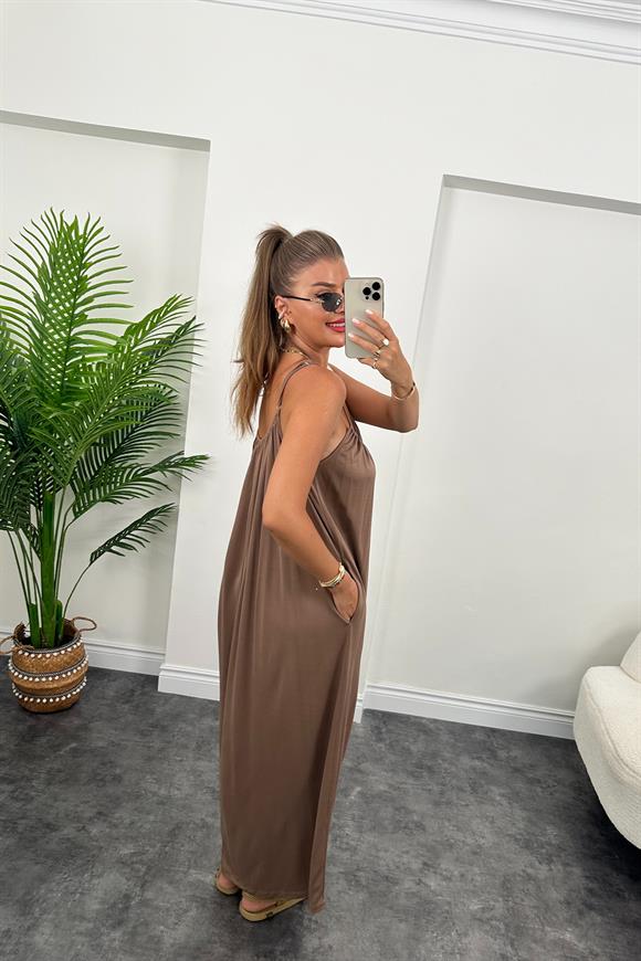 1. Sınıf Kalite İthal Oysh Kumaş Cepli Maxi Elbise Kahverengi