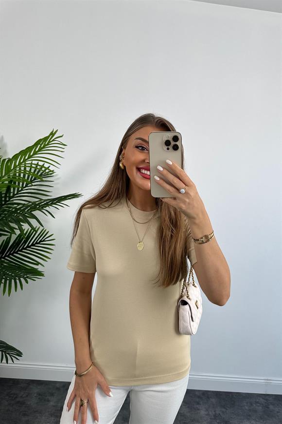 1. Sınıf Kalite Massi Model %100 Pamuklu Lüx Basic Tshirt Bej