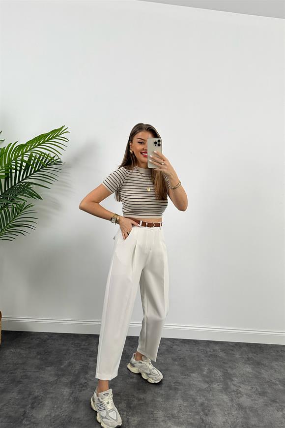 1. Sınıf Kalite  Massi Model Crop Boy Kısa Kol Marin İpek Merserize Krem