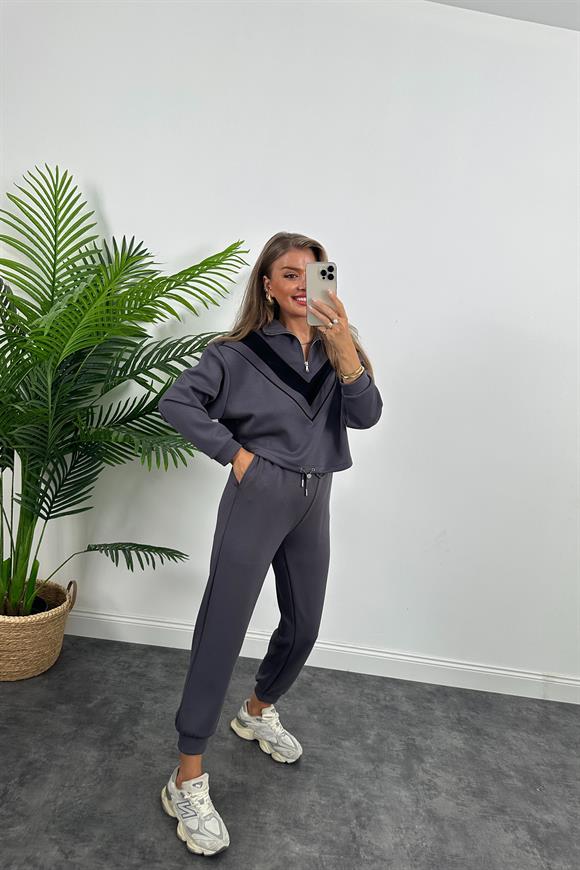 Fermuarlı Şeritli 1. Sınıf Kalite Oysh Model Modal  Kumaş Takım Antrasit