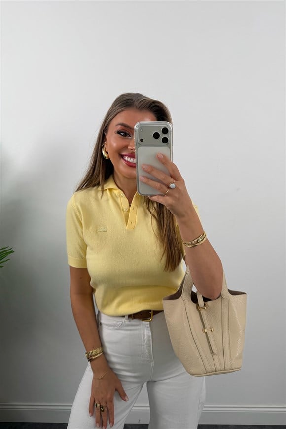 1. Sınıf Kalite Kaşmir Dokulu Polo Yaka Triko Pastel Sarı