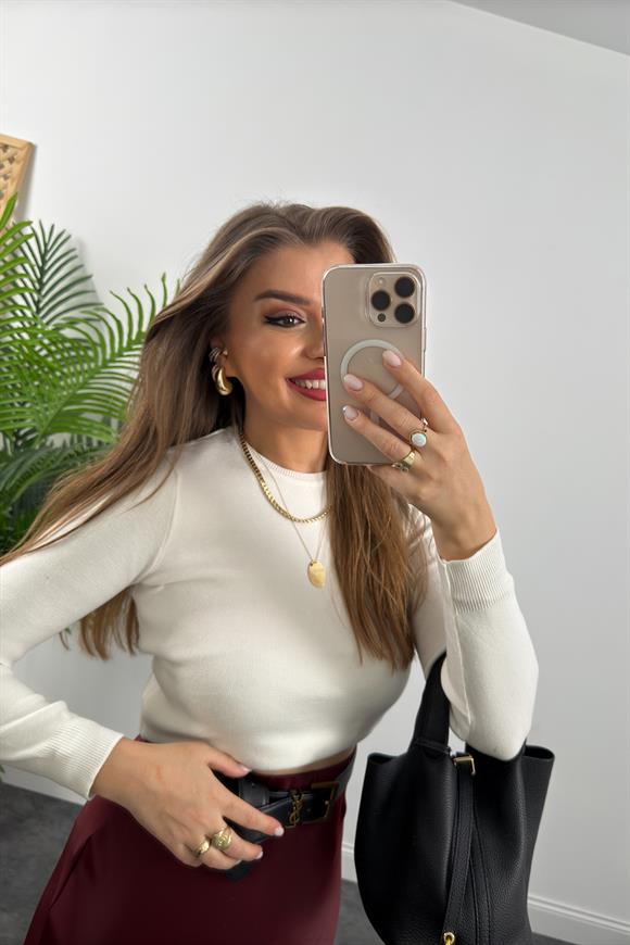 1. Sınıf Kalite Massi Model Kaşmir Dokulu Uzun Kol Basic Triko Ekru