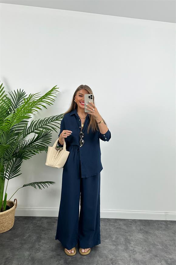 1. Sınıf Kalite Oysh Model %100 Keten Palazzo Gömlek Takım Lacivert 