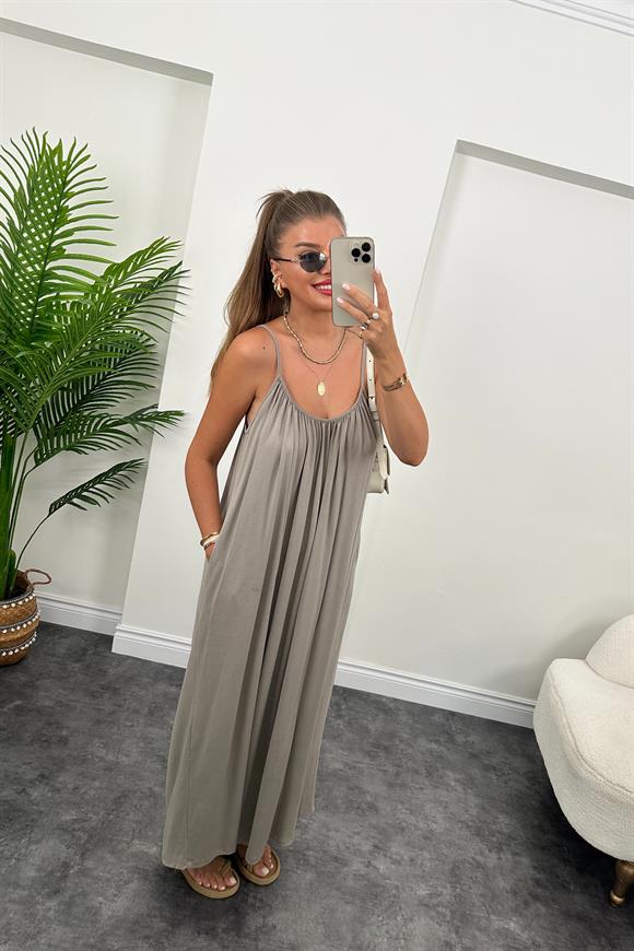 1. Sınıf Kalite İthal Oysh Kumaş Cepli Maxi Elbise Açık Vizon