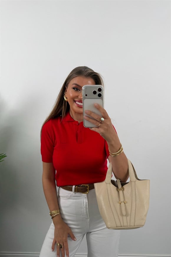 1. Sınıf Kalite Kaşmir Dokulu Polo Yaka Triko Kırmızı