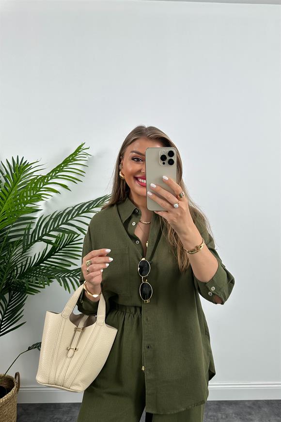 1. Sınıf Kalite Oysh Model %100 Keten Palazzo Gömlek Takım  Haki