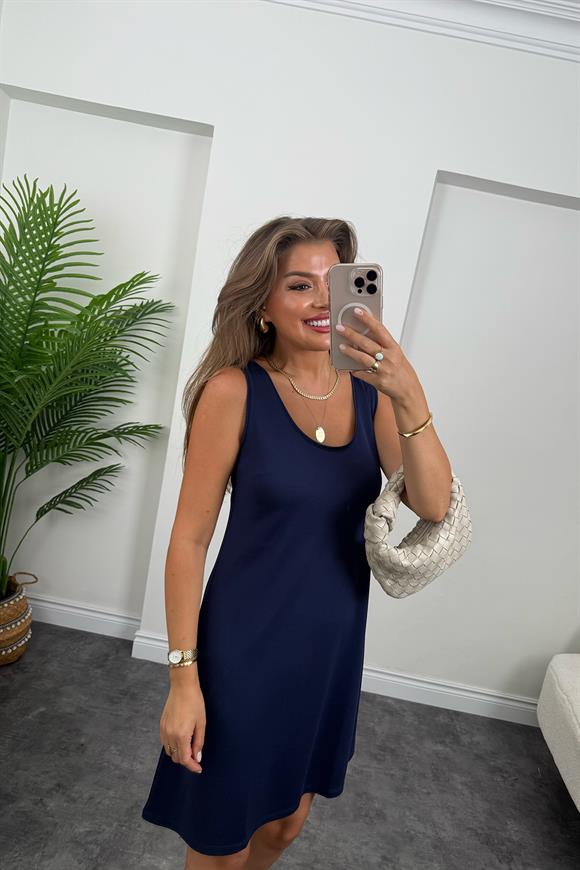 1. Sınıf Kalite Pike Modal Kumaş Sıfır Kol Basic Elbise Lacivert