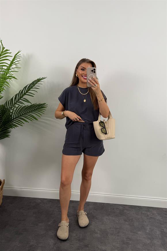 1. Sınıf Kalite İthal Pike Modal Kumaş Kısa Kollu Şort Takım Antrasit