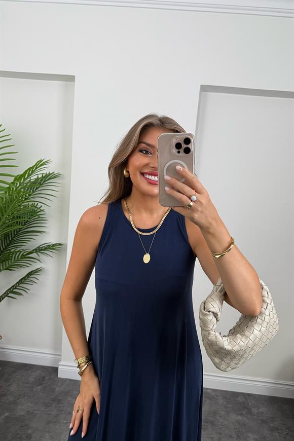 1. Sınıf Kalite İthal Modal Kumaş Midi Elbise Lacivert